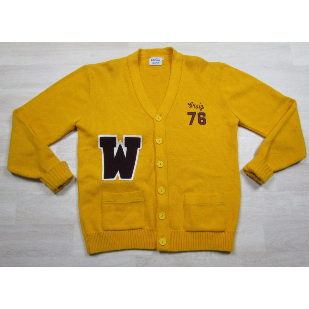 Vintage 70s Velva Sheen Letterman Varsity Cardigan Sweater (XL) 76 Chain Stitch